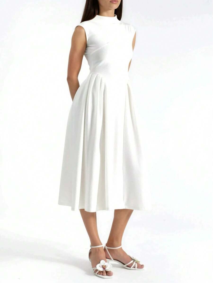 Women's Elegant White Pleated Midi Dress With Stand Collar Neck - White - View 1