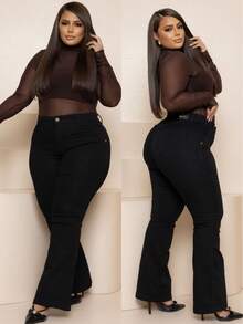 Women's Plus Size Flare Jeans With Lycra, High Waist, Shaping Effect, Jeans, Zipper, Button Closure, Everyday Wear. - 黑色 - 查看 3