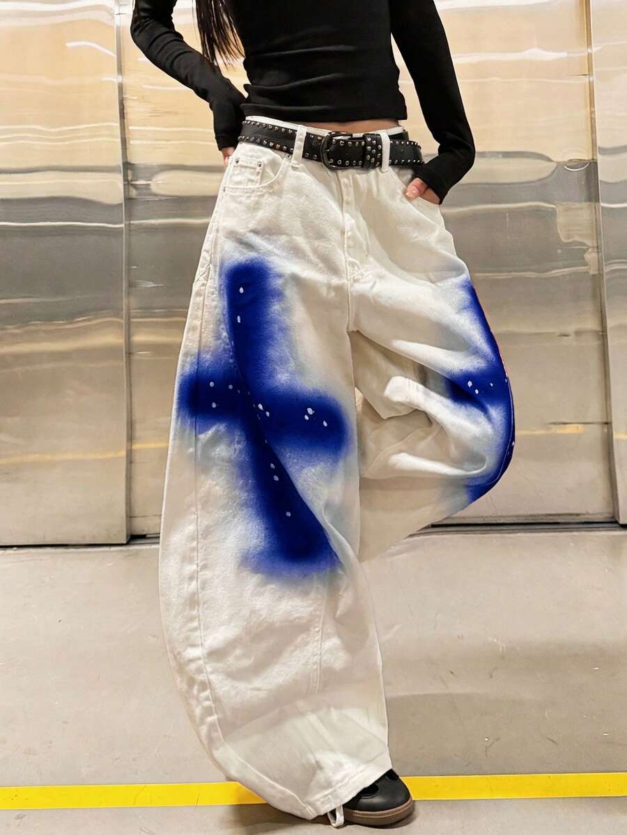 1件日系街頭風女款拼接手繪彎腿寬鬆闊腿牛仔長褲休閒 - 藍色 - 查看 1