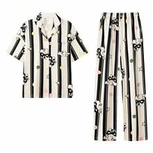 Gongdie Bộ đồ ngủ nữ 2 món bằng cotton họa tiết hoạt hình, tay ngắn và quần dài, thoáng khí, màu đen trắng kẻ sọc, thích hợp cho mùa hè. - Đen và trắng - Xem 10