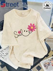 Summer Tops New Vintage Washed Cotton Distressed Short-Sleeve T-Shirt With American-Style Floral  Face Print, Plus-Size Women's Top, Loose Fit, Drop Shoulder, Round Neck, Oversize Style, Comfortable And Fashionable, Versatile For Commuting, Y2K Fashion Women's Clothing - 杏色 - 查看 12