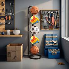 Black Metal Sports Equipment Storage Rack - Multi-Layer Basketball Football Storage Rack For Home Storage - Black - View 2