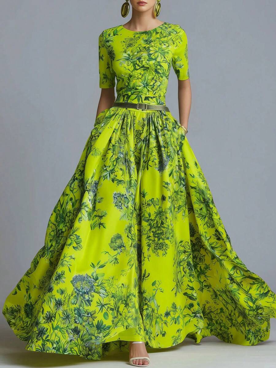Magic Mia Women's Round Neck Half Sleeve Maxi Dress - Belted Waist A-Line Flared Skirt With Tropical Floral Print Detail | Elegant Fitted Fit For Formal Events, Evening Parties, Wedding Guests, Beach Vacations & Resort Getaways For Glamorous Luxury Looks - 綠色 - 查看 1