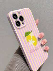 1pc Minimalist Striped Lemon Flower Pattern Perforated Glossy Film Phone Case, Suitable For IPhone 11/12/13/14/15/16 Pro Max - Multicolor - View 2