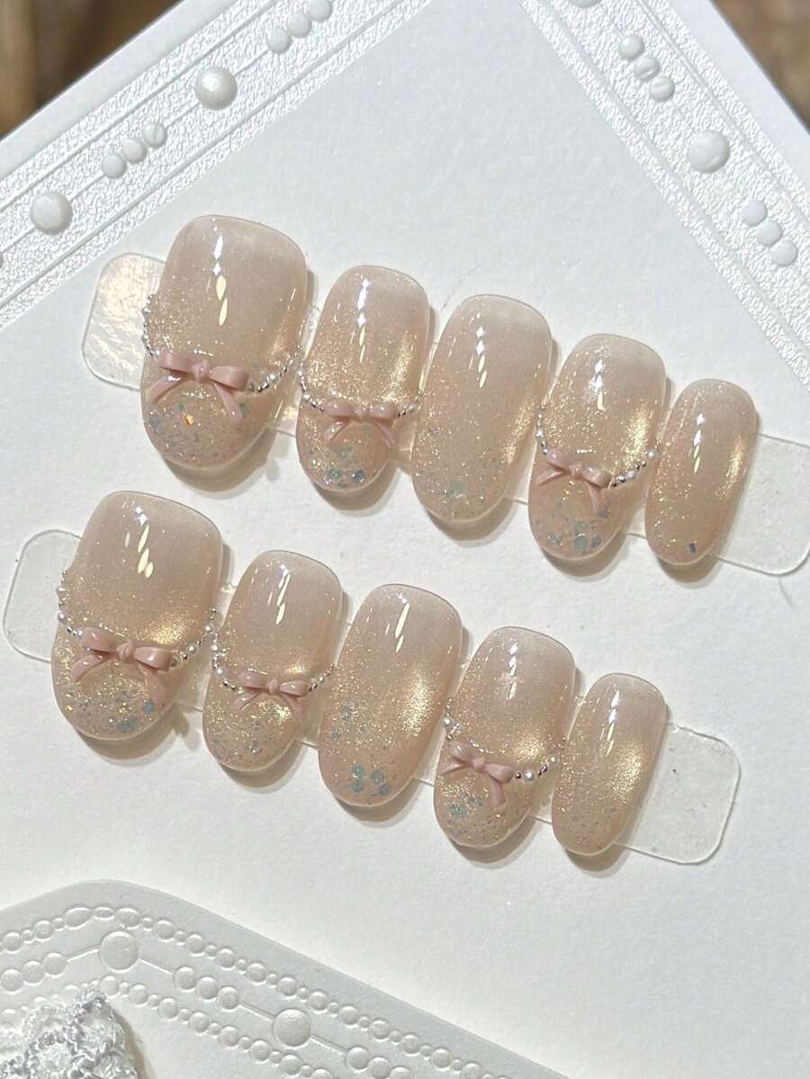 10片芭蕾閃亮手工美甲貼片,裸米色貓眼法式指尖美甲,粉色蝴蝶結珍珠鏈假指甲,中長橢圓形,適合春季與婚禮,附果凍膠與美甲锉,DIY美甲用品 - 彩色 - 查看 1