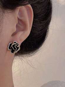1pair Luxury Floral Earrings With Rhinestones, Unique Design - vàng đen - Xem 2