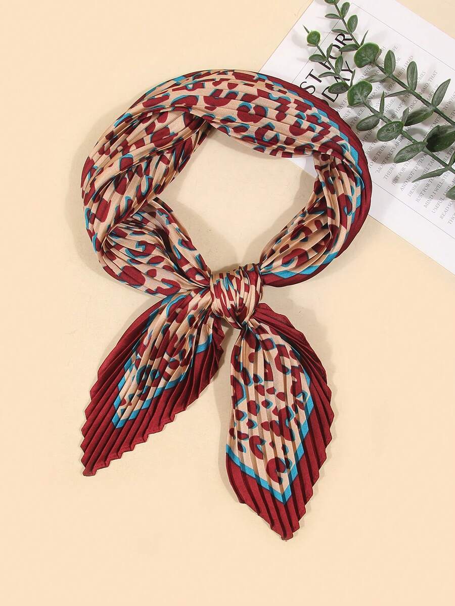 1pc Women's Printed Faux Silk Crinkle Scarf, Versatile Headband/Hair Tie/Neck Scarf, Suitable For Daily Use - Burgundy - View 1