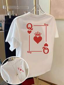 Senaste modellen från 2026: Kortärmad T-shirt med tryck fram och bak – "Hjärter dam", pokerkortsmotiv – dam-T-shirt för vår/sommar, modeplagg, sommarkläder, toppar. - Vitt - Visa 11
