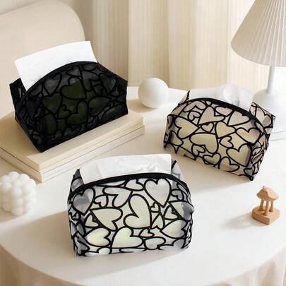1/3pcs Mesh Heart Tissue Box, Ins Style Home Living Room Tea Table Tissue Holder, Bedroom Bedside Dust-Proof Storage Box, Luxury Car Dining Table Creative Tissue Case, Black White Beige