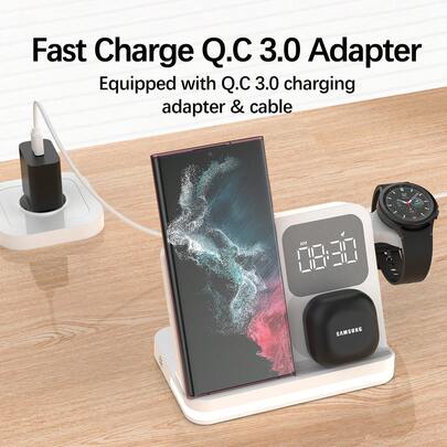 Wireless Fast Charging Charger Multi Purpose For Mobile Phones, Earphones, And Smartwatches In One Intelligent Protection Charge,No More Tangled Cables Or Separate Adapters.Equipped With Digital Clock And Night Light Functions,Combining Practicality And Fashion, It Is The Best Choice As A Gift.