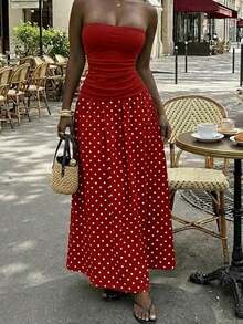 Vestido bandeau con cintura ceñida y estampado de lunares, estilo vacacional - Multicolor 3 - Ver 8
