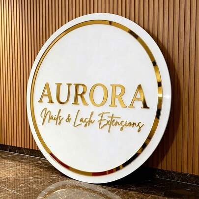 1 pieza Señalización redonda de acrílico con marco dorado personalizado, identificación comercial, experto en cejas, salón de uñas, decoración de pared del estudio de extensión de pestañas