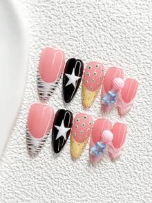 10pcs Sweet Girl Style Handmade Nail Art Set, Nail Stickers, Lollipop, Star Nail Decor, Star Polka Dot Nail Decorations, Black White Yellow Pink Green Nail Polish, Fresh Cute Style, Includes Nail Tools (1 Jelly Sticker + 1 Nail File), 3 Sizes Available: Almond, Duck Mouth, Coffin Shape, Suitable For Parties, Daily Wear, Parties, Photo Shoots, Spring/Summer Commute - 彩色 - 查看 3