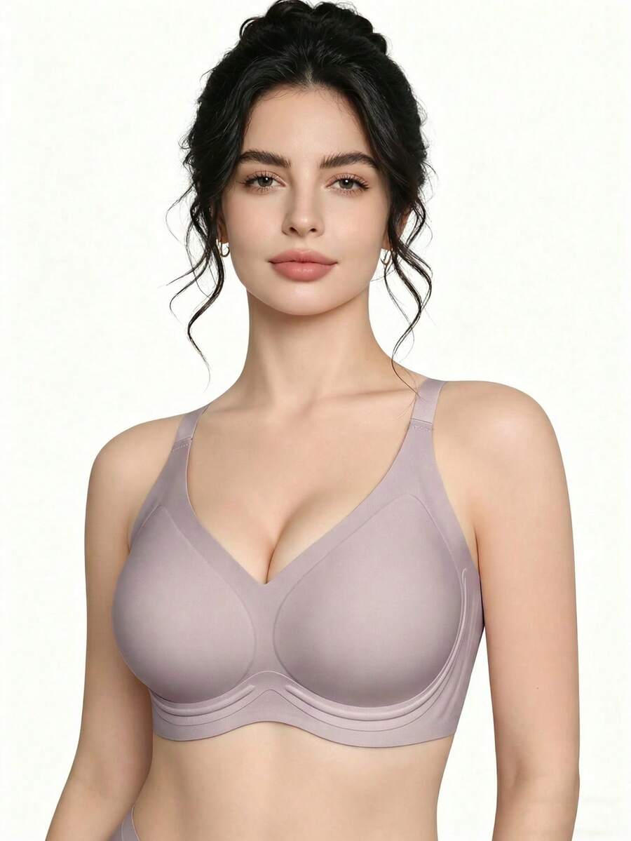 Seamless Wireless Push Up Bra For Women, V-Neck Soft Support Lift Invisible T-Shirt Bra, Comfortable No Show Everyday Bralette For Large Busts - Màu tím hoa cà - Xem 1