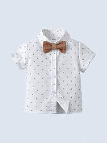 BOARNSEORL 2pcs Baby Boys Gentleman Outfit Set: Short Sleeve Collared Shirt With Bow Tie And Overalls Shorts, Fashionable For Birthday Party, Wedding, Summer - Khaki - View 5