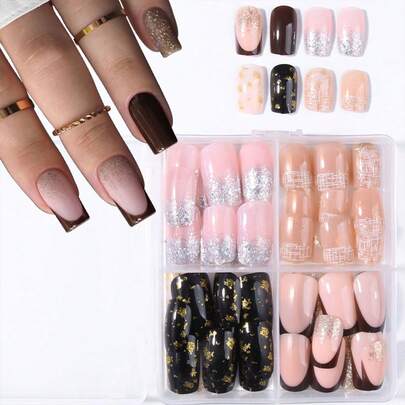 96片Y2K星光闪粉法式美甲贴套装，包含1片果冻胶和1个指甲锉，可重复使用的美甲贴纸，适合女性和女孩日常、工作、学习和派对使用。