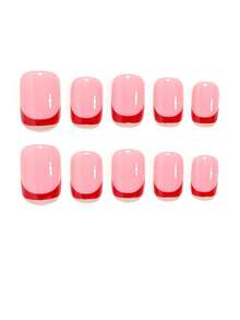 Elevate Your Nail Look With These 24 Piece Short Square Shape Press On Nails Vintage Elegant Nude Pink Base With Burgundy French Design Press On Nails For Daily Fashion In Pink Base With Red Nails Full Coverage Fake Nail Tips For Women And Girls Includes 1sheet Adhesive Tabs & 1pc Mini Fils Strip Jelly Gel Random Shipment - Red - View 2