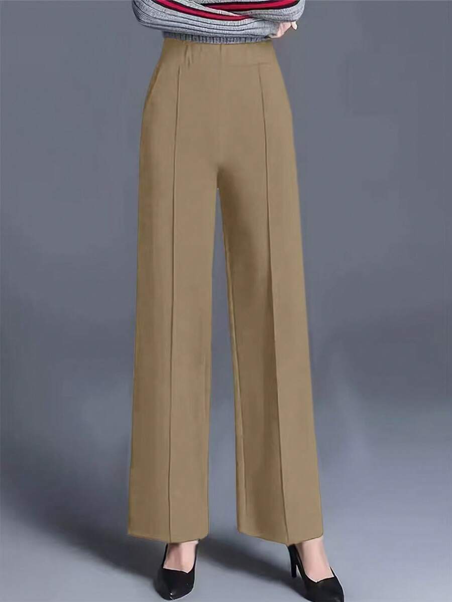 女士新款纯色高腰阔腿裤,修身直筒裤,百搭办公服饰 - 卡其色 - 查看 1