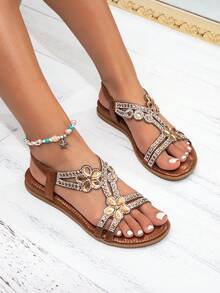 Women's Rhinestone Flat Sandals, Bohemian Style Elastic Band Open Toe, Summer Beach Vacation Shoes - Bronze - View 4
