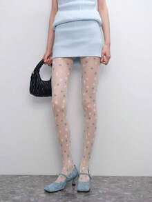 1件春夏轻薄浪漫白蓝星形提花连裤袜，少女风女款 - 彩色 - 查看 3