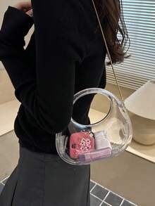 时尚亚克力透明手提包新月形包新款女士迷你小包链条单肩斜挎包手机钱包化妆包口红耳机袋 - 金色 - 查看 6