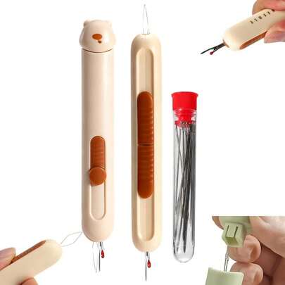 1 Set de Kit de Herramientas de Costura que incluye: 1 Enhebrador Automático 3 en 1 con Soporte de Agujas y Almacenamiento, 1 Enhebrador y Descosedor 2 en 1, 18 piezas de Agujas (67mm*6, 5.4mm*6, 4.2mm*6)