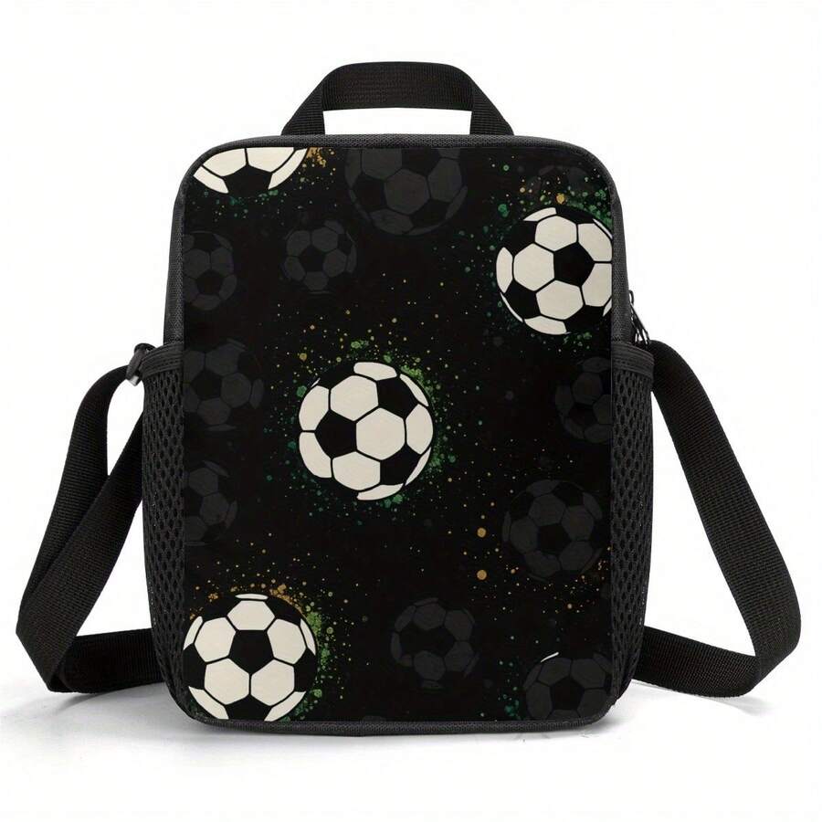 Football Print Insulated Lunch Bag - Durable Polyester, Non-Food Contact, Reusable Thermal Cooler Tote With Adjustable Straps For Office, Work, School, Picnic, Travel - Black With White & Green Soccer Design, Lunch Bag Insulated, Picnic Essentials, Sports Themed, Sturdy Construction - One Size - View 1