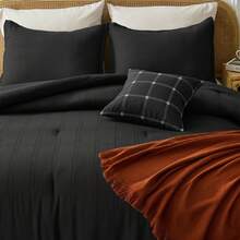 Fluffy 2/3/5/7 Pieces Stripe Plaid Solid Basic Textured Print Comforter Set, 200/300 Gsm Lightweight & Breathable Bedding Sets, All Season Home Textile Fits Modern Bedroom Decor, Halloween Christmas Thanks Giving Gifts - Black Square - 查看 4