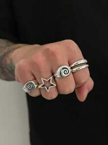 男士镂空五角星漩涡朋克风戒指套装（4枚/套） - 銀色 - 查看 2