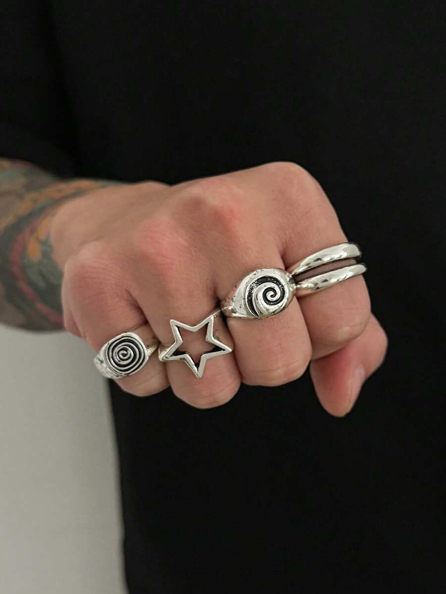 男士镂空五角星漩涡朋克风戒指套装（4枚/套）