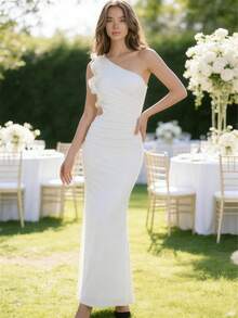 Vestido de fiesta elegante y ajustado para mujer con hombro asimétrico, diseño de volantes y plisados metálicos elásticos, con abertura lateral, adecuado para ocasiones diarias y especiales, vestido de boda, vestido de invitada de boda, vestido de dama de honor en color blanco para primavera - Blanco - Ver 6