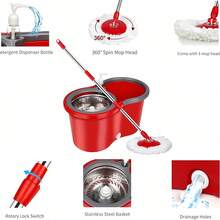 Rotating Mop And Bucket Set, With Manual Spin Dryer, 360-Degree Rotating Mop, Suitable For Indoor, Outdoor Floor And Glass Cleaning, Adjustable Handle, 3 Replaceable Super Fiber Mop Heads,Save Space - A - 查看 3