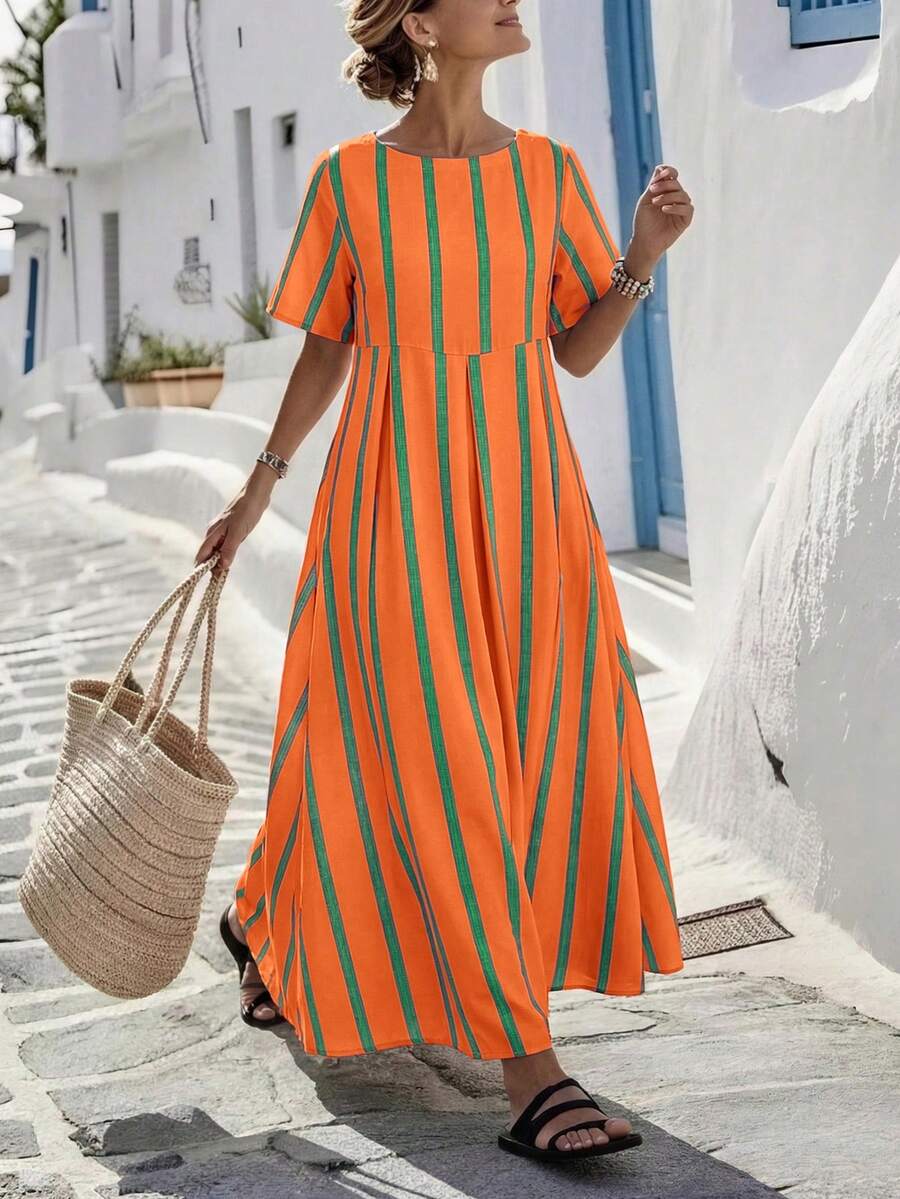 Plus Size Casual Loose Vacation Elegant Women's Long Dress With Dual Pockets And Colorblock Striped A-Line Design, Suitable For Daily And Holiday Wear, Spring/Summer - Orange - View 1