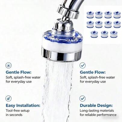 Bộ lọc vòi nước có hệ thống lọc đa lớp phức hợp chính xác. Sản phẩm sẵn sàng sử dụng mà không cần bất kỳ sửa đổi nào, và cửa sổ trong suốt cho phép bạn theo dõi tình trạng sử dụng của lõi lọc.