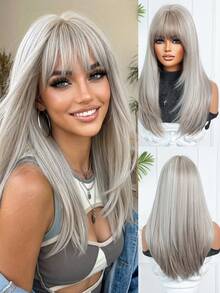 20 Inch Layered Straight Synthetic Wig With Bangs, Light Golden Color, Y2K Style Silver Gray Long Hair Wig, Suitable For Women Halloween, Christmas, Cosplay Party Gifts - Grey - View 3