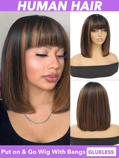 Tóc giả ngắn màu đen kiểu bob có mái, 150% tóc thật thẳng, kiểu ombre highlight màu #1B/30. Được thiết kế để sử dụng hàng ngày mà không cần keo hoặc ren, và cấu trúc hoàn toàn được làm bằng máy đảm bảo phù hợp với mọi tông da. Dễ dàng sử dụng hàng ngày, tóc giả kiểu bob cho Halloween, tiệc tùng, có các kích cỡ 8 10 12 14 16 inch.