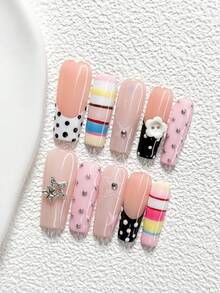 10Pcs Sweet And Edgy Style Handmade Nail Art Set,Unghie Press On,Buttons, Stars,Stripes, Polka Dots, Black, Blue,Yellow And Red Nail Polish,Includes Nail Tools,3 Sizes Available,Almond Nails , Duck Nails,Coffin Nails For Party, Dance, Daily Wear - 彩色 - 查看 13