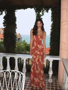Vintage Red Ditsy Floral Sexy Spaghetti Strap Backless Dress, European And American Fashion Beach Holiday Dress For Women Vacation Party Summer - Red - View 4