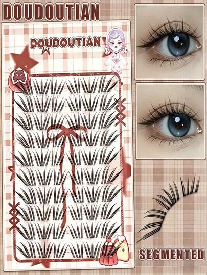 French Coral Oblique Lashes, C-Curl Design, 60 Clusters Segmented Slouchy Lashes, Elongate Eyes, Reusable, Suitable For Daily Wear, Role Play, Bride, Stage Makeup, 10-14mm