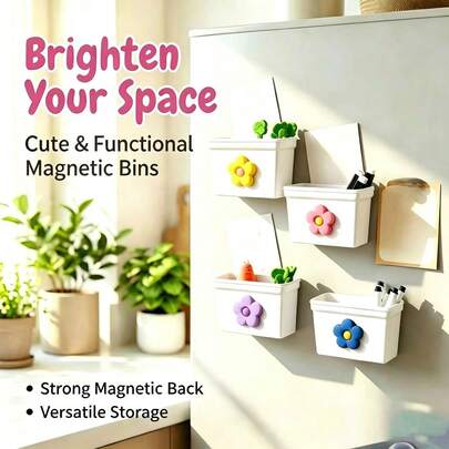 Cute Flower Magnetic Storage Bins, No-Drill Wall Mounted Organizer Boxes, Strong Magnetic Refrigerator Storage Containers For Fridge, Kitchen, Office, Bathroom, Desk, Small Items Organizer With Decorative Flower Magnets