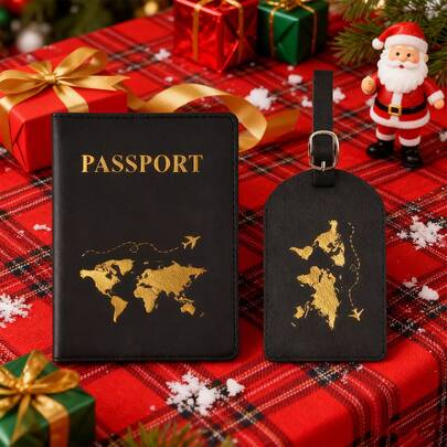 1pc Passport Cover Set Unisex (1pc Passport + 1pc Luggage Tag), Thickened Exquisite PU Leather World Map Gold Pattern Passport Holder & Luggage Tag 2-Piece Set
