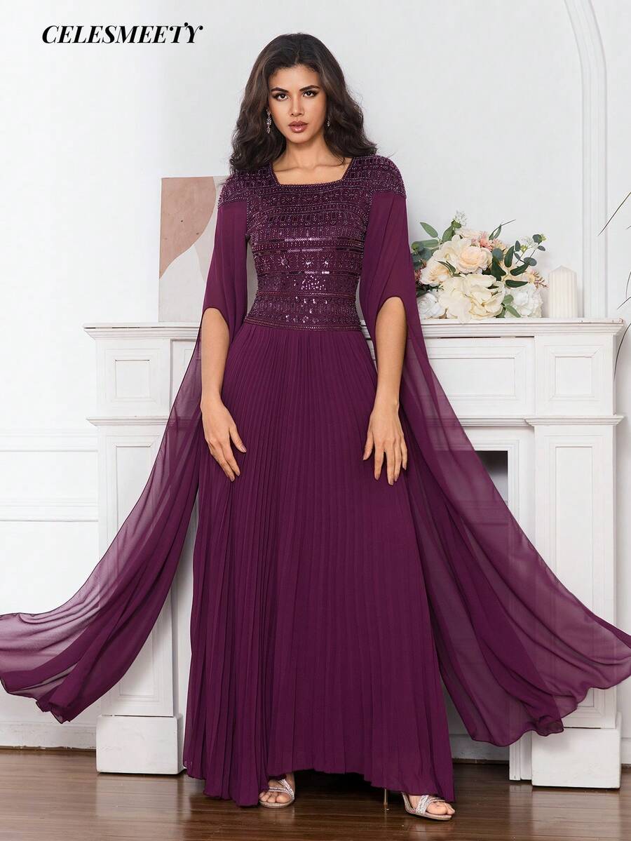 Women's Elegant Purple Long Sleeve Chiffon Pleated Dress, Graceful And Formal For Celebration Events Wedding Party - Purple - View 1