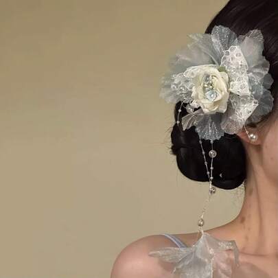 مشبك شعر أنيق من الأورجانزا بتصميم وردة زهرية مع شرابات، مناسب للاستخدام اليومي، المنزل، المدرسة، الشاطئ، المكتب، الحفلات، العطلات، عيد الميلاد، عيد الحب، عيد الأم، عيد الميلاد، الزفاف، المهرجانات الموسيقية، التخرج، الربيع، الصيف، الخريف، الشتاء