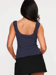 Women's Polka Dot Bow Front Cami Top - Square Neck Ruched Sleeveless Summer Y2K Top - Navy Blue - View 4