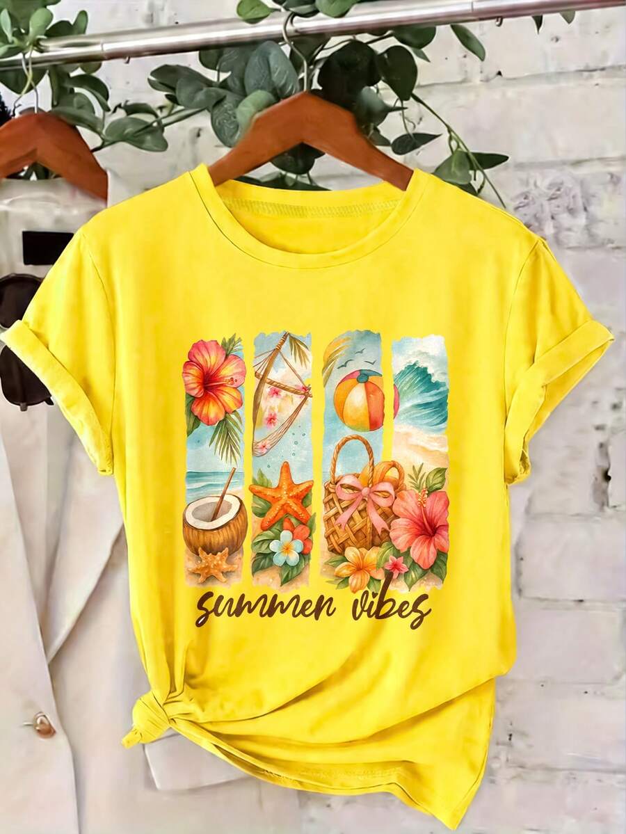 Áo thun ngắn tay nữ dòng "Summer Vibes" họa tiết nhiệt đới, phong cách mùa hè, cổ tròn, thời trang thường ngày, phù hợp đi làm, phong cách vintage, thích hợp mặc mùa thu đông. Áo thun ngắn tay nữ casual, tươi trẻ, dễ thương, thanh lịch, phong cách thể thao, cổ tròn, thích hợp đi nghỉ mát. - Màu vàng - Xem 1