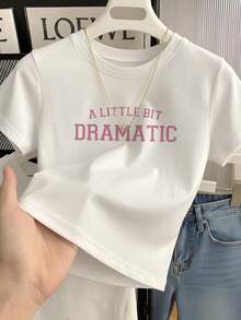 Y2K美学黑粉短袖T恤女款，经典“DRAMATIC”标语露脐上衣，5款全新黑色圆领短袖T恤女款，露脐高腰字母印花图案T恤休闲白色夏季 - 白色 - 查看 2