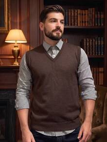 Men's Knit Pullover Vest With V-Neck, Classic Premium Comfortable - Rust Brown - View 2