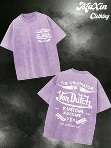 ''Van Dutch'' (230g Washed Cotton T-Shirt) Y2K Style, Street Style, Minimalist Design, Retro Casual Style, Hip-Hop Distressed Style. Suitable For Outdoor Leisure Sports, Family Gatherings And Friends' Meals, Bars, Clubs. - 紫羅蘭色 - 查看 1