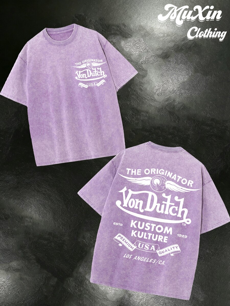 ''Van Dutch'' (230g Washed Cotton T-Shirt) Y2K Style, Street Style, Minimalist Design, Retro Casual Style, Hip-Hop Distressed Style. Suitable For Outdoor Leisure Sports, Family Gatherings And Friends' Meals, Bars, Clubs. - 紫羅蘭色 - 查看 1