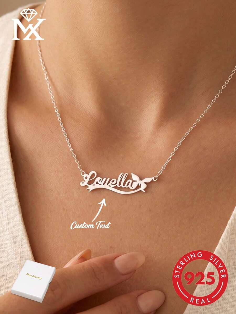 925 Sterling Silver Customized English Name Butterfly Pendant Necklace, Personalized With Your Name, Street Fashion, Unique Design, Versatile Accessory, Suitable For Any Occasion And Season, A Thoughtful Special Gift For Ladies, Family And Friends On Valentine's Day, Mother's Day, Christmas, Thanksgiving And Birthdays - Silver - View 1